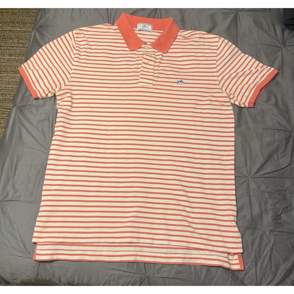 Southern Tide Men's Short Sleeve Polo Shirt Orange White Stripes Size Medium M